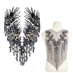 Черный 2 шт. 2 стили цветочный узор полиэстеровое кружево компьютерная вышивка орнамент аксессуары, с бисером, для одежды своими руками, пакет, украшение для брюк, чёрные, 560~570x285~290x6 мм, 1 шт / стиль