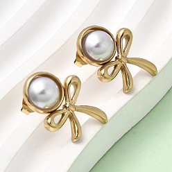 Bowknot 201 серьги-гвоздики из нержавеющей стали и АБС-пластика с жемчугом, с 304 штифтов из нержавеющей стали, вакуумное покрытие pvd, золотые, бантом, 20.5x14.5 мм