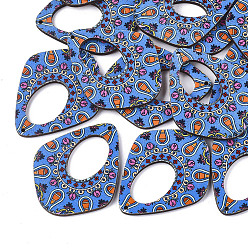 Dodger Blue Printed Basswood Pendants, Back Random Color, Teardrop, Dodger Blue, 45x36.5x3mm, Hole: 1.5mm