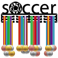 Football Модная железная вешалка для медалей, настенная стойка для дисплея, 3-линия, с винтами, чёрные, футбол, 150x400 мм, отверстие : 5 мм