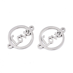 Нержавеющая Сталь Цвет Устойчивы к потускнению 201 соединители из нержавеющей стали, лазерная резка, на день Святого Валентина, плоские круглые со словом "love", цвет нержавеющей стали, 16x21x1 мм, отверстие : 1.2 мм