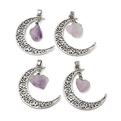 Antique Silver Raw Rough Natural Amethyst Pendants, Alloy Hollow Moon Charms, Antique Silver, 40x34x7~13mm, Hole: 4x3mm