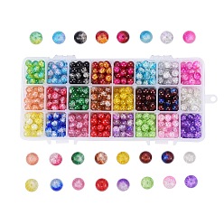 Mixed Color Baking Paint Crackle Glass Beads, Round, Mixed Color, 8mm, Hole: 1.3~1.6mm,  24 Colors, 30pcs/compartment, 720pcs/box