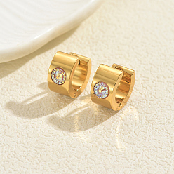 Кристалл Плоские круглые серьги-кольца из нержавеющей стали, со стразами, золотые, кристалл, 14x7 мм