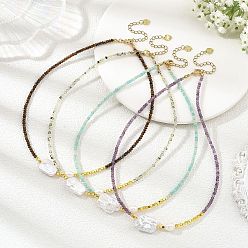 Mixed Stone Rectangle Natural Baroque Keshi Pearl and Faceted Round Natural Mixed Stone Beaded Necklaces for Women, Golden, 15.12 inch(38.4cm)