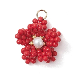 (123L) Белый крем непрозрачный блеск Стеклянные подвески из бисера, цветочный шарм, с жемчужинами из стекла и 304 нержавеющей сталью, реальный 18 k позолоченный, огнеупорный кирпич, 15.5~17x15~16.5x10~11 мм, Перейти кольцо: 4x0.5 мм, внутренний диаметр: 3 мм