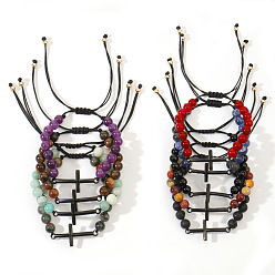 Смешанные камни Браслеты из плетеных бусин из натуральных смешанных драгоценных камней круглой формы, браслеты с подвесками крест для мужчин