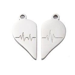 Нержавеющая Сталь Цвет 304 стали сплит подвески из нержавеющей, слева и справа, прелести для пар, сердце с биением сердца, цвет нержавеющей стали, 22x11x2 мм, отверстие : 2 мм, 2 шт / комплект