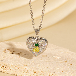 Ананас Подвеска в виде сердца из латуни с микропаве, прозрачными кубическими циркониями и желтой эмалью, для женщин., платина, ананас, 15.75 дюйм (40 см)