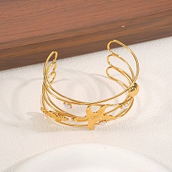 Золотой 304 Браслеты-манжеты из нержавеющей стали и пластика с жемчугом, многорядные браслеты для женщин, раковина, морская звезда и морской конек, золотые, внутренний диаметр: 2.80 дюйм (7.1 см)