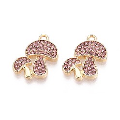 Розовый Подвески из сплава со стразами, гриб, без кадмия, без никеля и без свинца, золотые, светло-розовый, 19x15.5x2.5 мм, отверстие : 1.6 мм