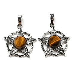 Тигровый глаз Природных тигровый глаз подвески, подвеска в виде стойки из латуни со звездой, платина, без кадмия и без свинца, 27.5x25.5x7~8 мм, отверстие : 8x5 мм