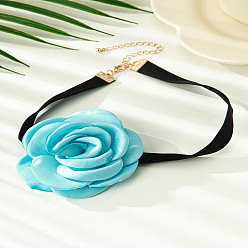 Темно-бирюзовый 3d цветок полиэфирное волокно черный бархат шнур чокер ожерелья, золотые, темные бирюзовый, 12.99 дюйм (33 см)