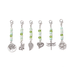 Зеленый газон 6 шт. подвесные украшения из цинкового сплава, стеклянные бусины и застежки-клешни для украшений сумок, зеленый газон, 54~62 мм, Кулон : 14~20x10~17x1~2.5 мм, застежка : 12x6.5x3 mm