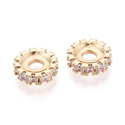 Прозрачный Латунные микро проложить кубического циркония бусы, плоско-круглые, ионное напыление (IP) настоящее 18позолоченное золото, прозрачные, 8x2.5 мм, отверстие : 2.5 мм