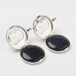 Blue Goldstone Synthetic Blue Goldstone Pendants, with Brass Diffuser Locket Findings, Flat Round with Angel, 31x26x8mm, Hole: 4mm