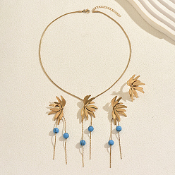 Blue Stainless Steel & Plastic Imitation Pearl Flower Tassels Earrings & Necklaces & Rings Sets for Women, Golden, Blue, 16.73 inch(42.5cm)