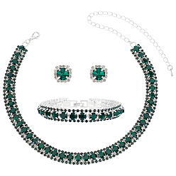 Silver 1Set Alloy Rhinestone Bracelets & Necklace & Stud Earring for Women, Silver, 16 inch(40.5cm)