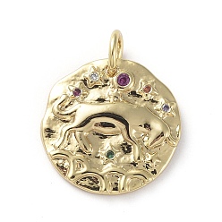 Телец Латунные микро проложить кубического циркония подвески, с прыжковых колец, плоско-круглые, созвездие, красочный, золотые, Телец, 14~15x2 мм, отверстие : 3 мм