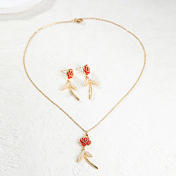Doré  Ensemble de bijoux en plastique avec fleur rose, boucles d'oreilles et collier pendentif en alliage, or, Colliers: 450 mm, boucle d'oreille: 40x17 mm