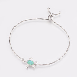 Бирюза Регулируемые латунные браслеты Боло, слайдерные браслеты, коробка цепи, с синтетическим опалом, черепаха, платина, бирюзовые, 9-1/2 дюйм (24 см) x 1 мм