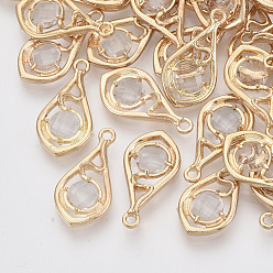 Clear Faceted Glass Pendants, with Eco-Friendly Alloy Open Back Settings, Nickel Free, Teardrop, Light Gold, Clear, 21x11x3.5mm, Hole: 1.6mm