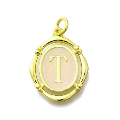 Letter T Латунные подвески, с эмалью, овальный с буквой, реальный 18 k позолоченный, с целью перехода в кольце, Письмо T, 20x15~15.5x2 мм, отверстие : 3.5 мм