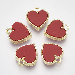 Red Alloy Pendants, with Double Sided Plastic, Heart, Golden, Red, 14.5x13x3~4mm, Hole: 1.8mm