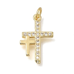 Real 18K Gold Plated Brass Micro Pave Clear Cubic Zirconia Pendants, Double Cross Charms, Lead Free & Cadmium Free, Long-Lasting Plated, Rack Plating, Real 18K Gold Plated, 20x13x1.7mm, Hole: 3mm