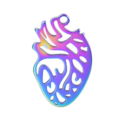 Rainbow Color 201 Stainless Steel Pendants, Hollow Realistic Heart Charm, Rainbow Color, 25x16mm, Hole: 2mm
