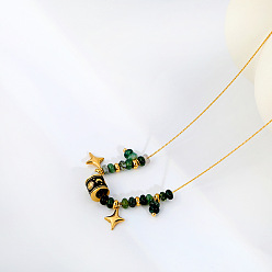 African Turquoise(Jasper) Natural African Turquoise(Jasper) Rondelle Beads and 304 Stainless Steel Enamel Black Column Star Pendant Necklaces for Women, Golden, 16.54 inch(42cm)