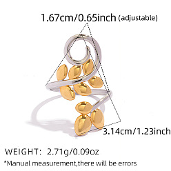 Golden & Stainless Steel Color 304 Stainless Steel Cuff Open Rings, Leaf, Golden & Stainless Steel Color, 19mm