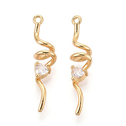 Настоящее золото 18K Латунные микропаве прозрачные подвески с фианитом, без никеля , реальный 18 k позолоченный, 29.8~30.8x6.8x6.1 мм, отверстие : 1.4 мм