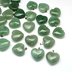 Зеленый Авантюрин Сердца натуральный зеленый авантюрин подвески, с латунной фурнитурой платинового цвета, 24~26x25~26x9~10 мм, отверстие : 2x7 мм