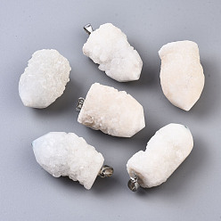 (404) Непрозрачное AB Кислое яблоко Грубая необработанная гальваника подвески из натурального друзы из агата, с платиновой железной щепоткой, окрашенные, самородки, цветочный белый, 32~40x21~25x18~21 мм, отверстие : 7x4 мм