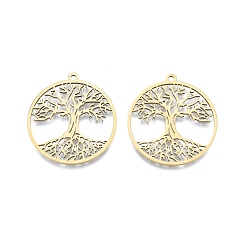 Настоящее золото 18K Ионное покрытие (ip) 201 кулон из нержавеющей стали, полые прелести, плоские круглые с дерева жизни, реальный 18 k позолоченный, 38x35x1.5 мм, отверстие : 2 мм
