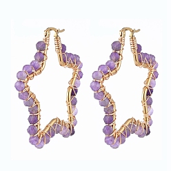 Amethyst 201 Edelstahl Creolen Ohrstecker , Perlenohrringe, mit natürlichen Amethyst Perlen, Stern, golden, 51x51.5x4.5 mm, Stift: 1x0.6 mm