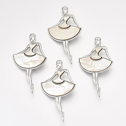 Морская Ракушка Броши / подвески из ракушек морского ушка / пауа, со смоляным дном и выводами из сплава, танцор, платина, цвет морской раковины, 79x44x9.5 мм, отверстие : 7x4 мм, штифты : 0.7 мм