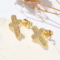 Cross Серьги-гвоздики из латунного микро-паве, долговечный, реальный 18 k позолоченный, крестик, 14.5x10 мм
