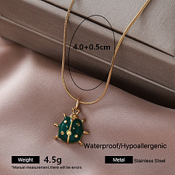 Insects Vintage 304 Stainless Steel Enamel Pendant Round Snake Chain Necklaces for Women, Golden, Green, Insects, 15.75 inch(40cm)