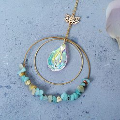 Flower Amazonite Двойное круглое кольцо чип натуральный цветок амазонит окно висит кулон украшения, со стеклянными и железными накладками, 280 мм