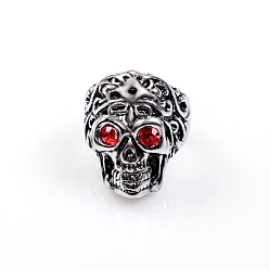 Skull Alloy Adjustable Rings, with Siam Rhinestone, Skull, Wide: 20~45mm