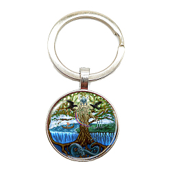 Dodger Blue Glass Keychains, Flat Round with Tree of Life Charms, Dodger Blue, 6cm