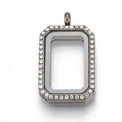 Gunmetal Alloy Magnetic Locket Pendants, with Rhinestone and Glass, Rectangle, Crystal, Gunmetal, 40.5x23.5x8mm, Hole: 4mm, Inner Measure: 24.5x15mm