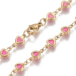 Pink Ion Plating(IP) 304 Stainless Steel Link Bracelets, with Enamel and Lobster Claw Clasps, Heart, Golden, Pink, 8-1/8 inch(20.7cm)