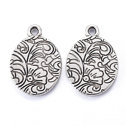 Antique Silver CCB Plastic Pendants, Oval with Flower, Antique Silver, 25x18x2mm, Hole: 2mm