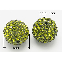 Peridot Grade A Rhinestone Pave Disco Ball Beads, for Unisex Jewelry Making, Round, Peridot, 8mm, Hole: 1mm
