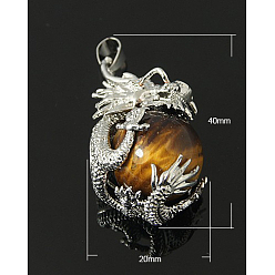 Тигровый глаз Природных тигровый глаз подвески, со сплавочной фурнитурой, круглые, платина, 32x20~22 мм, отверстие : 6.5x4 мм