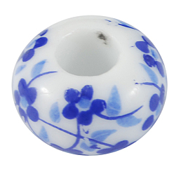 Royal Blue Handmade Porcelain European Beads, Large Hole Beads, No Metal Core, Rondelle, Royal Blue, Size: about 15mm in diameter, 9mm thick, hole: 6mm