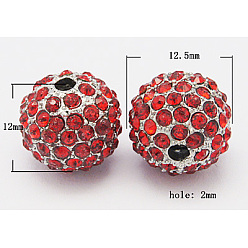 Crimson Alloy Beads, with Middle East Rhinestones, Round, Silver Color Plated, Crimson, Size: about 12.5mm in diameter, 12mm thick, hole: 2mm